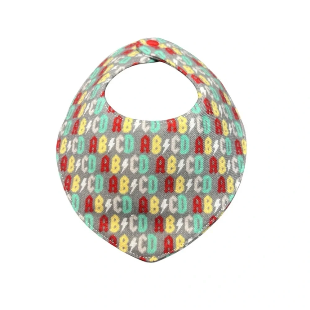 Hand Crafted Newborn Bandana Bib with snap closure ABCD red yellow blue letters